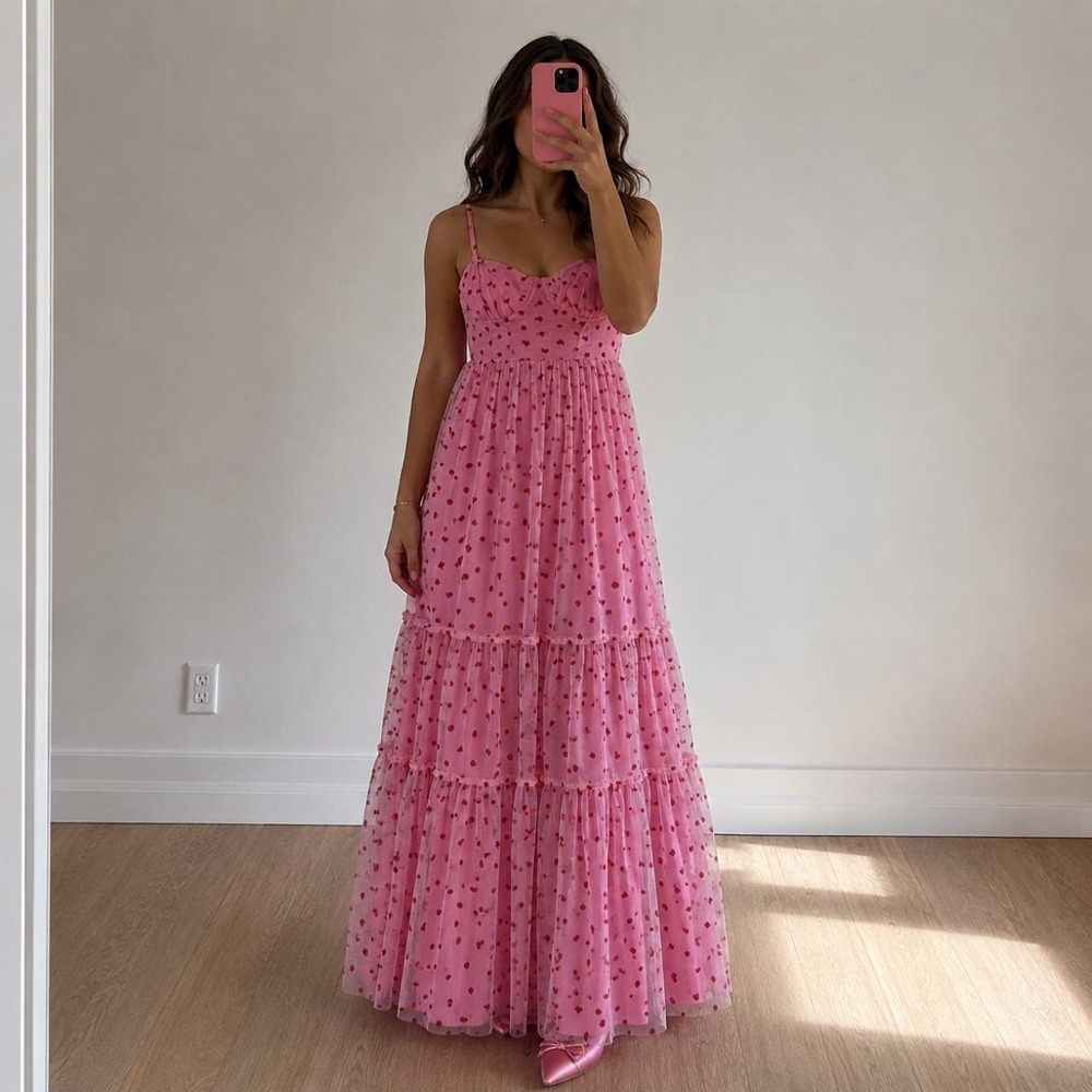 Betsey Johnson Pink Mesh Heart Tulle Maxi Dress Size S Fairy Coquette Party Glam